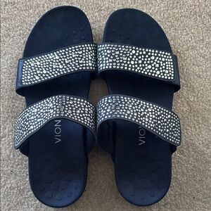 Vionic Indigo and Silver Slide Sandals